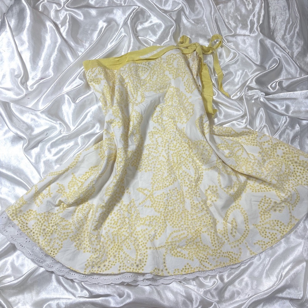 y2k Heart Moon Star Wrap Skirt Yellow White Excellent Eyelet Lace Trim Cotton 4